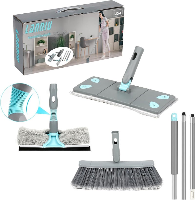 LANNIU 3-in-1 Detachable Broom and Mop Set Combo for House Cleaning, Collapsible Broom and Mop for RV Camping, Home, Dorm, Extension Pole, Window Squeegee, Grey - Image 1